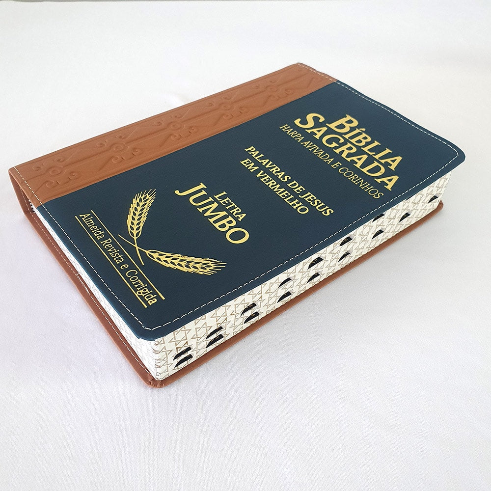 Bíblia Sagrada Harpa Avivada e Corinhos | ARC | Letra Jumbo | Índice | Bicolor Marrom e Azul