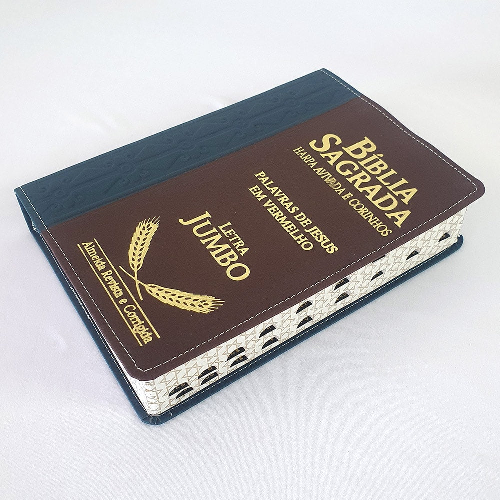 Bíblia Sagrada Harpa Avivada e Corinhos | ARC | Letra Jumbo | Índice | Bicolor Azul e Marrom