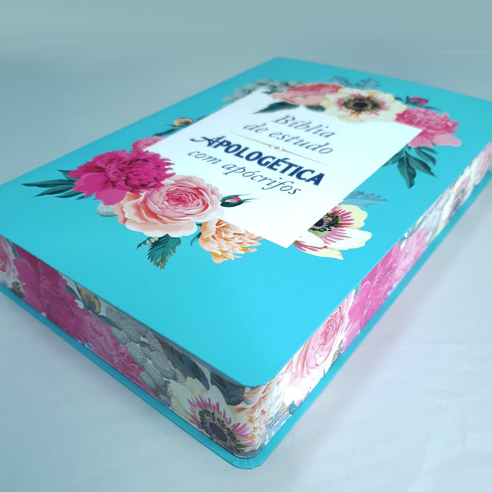 Bíblia de Estudo| Apologética com Apócrifos | Capa Luxo Azul Floral