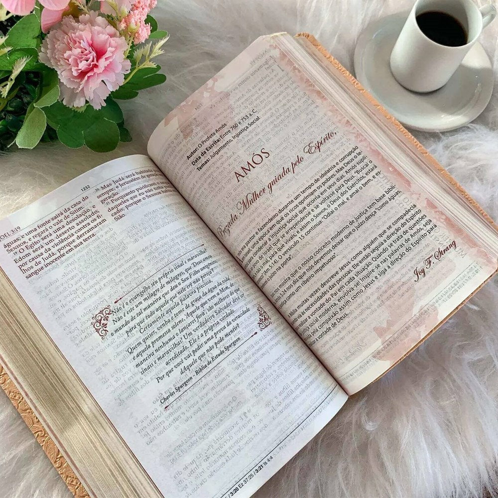 Bíblia de Estudo para Mulheres | BKJ 1611 | Letra normal | Capa Luxo Rose e Branco