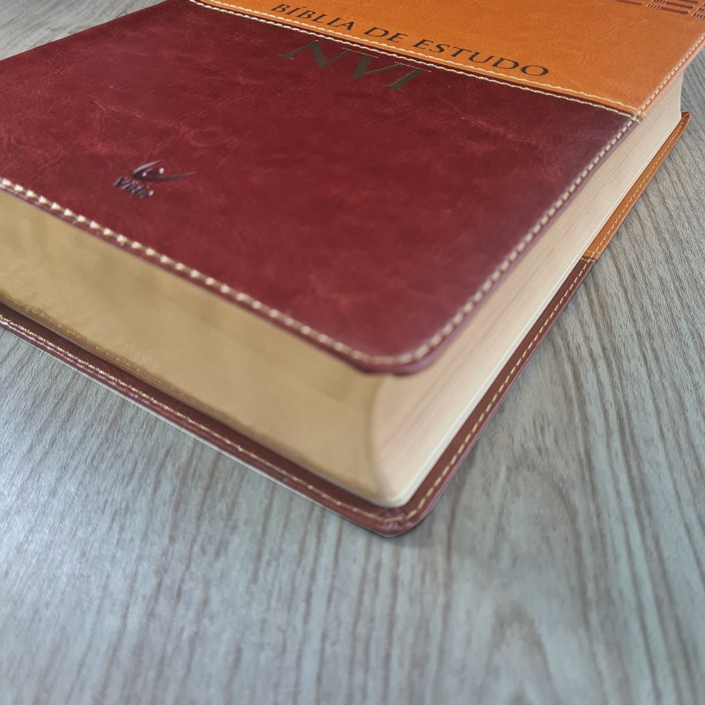 Bíblia de Estudo | NVI | Letra Normal | Capa Luxo Marrom e Caramelo