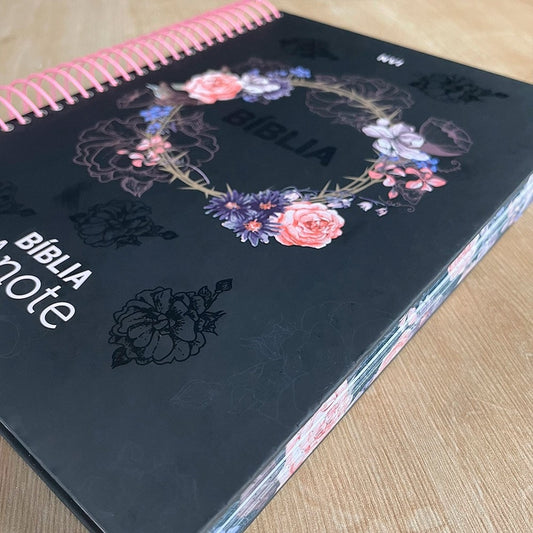 Bíblia Anote Espiral Flores Preta | NVI | Letra Normal | Com Espaço Para Anotações