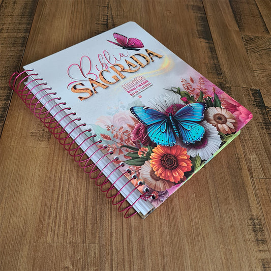 Bíblia com Pautas para Anotações | ARC | Harpa e Corinhos | Letra Normal | Capa Dura Espiral Flores e Borboletas