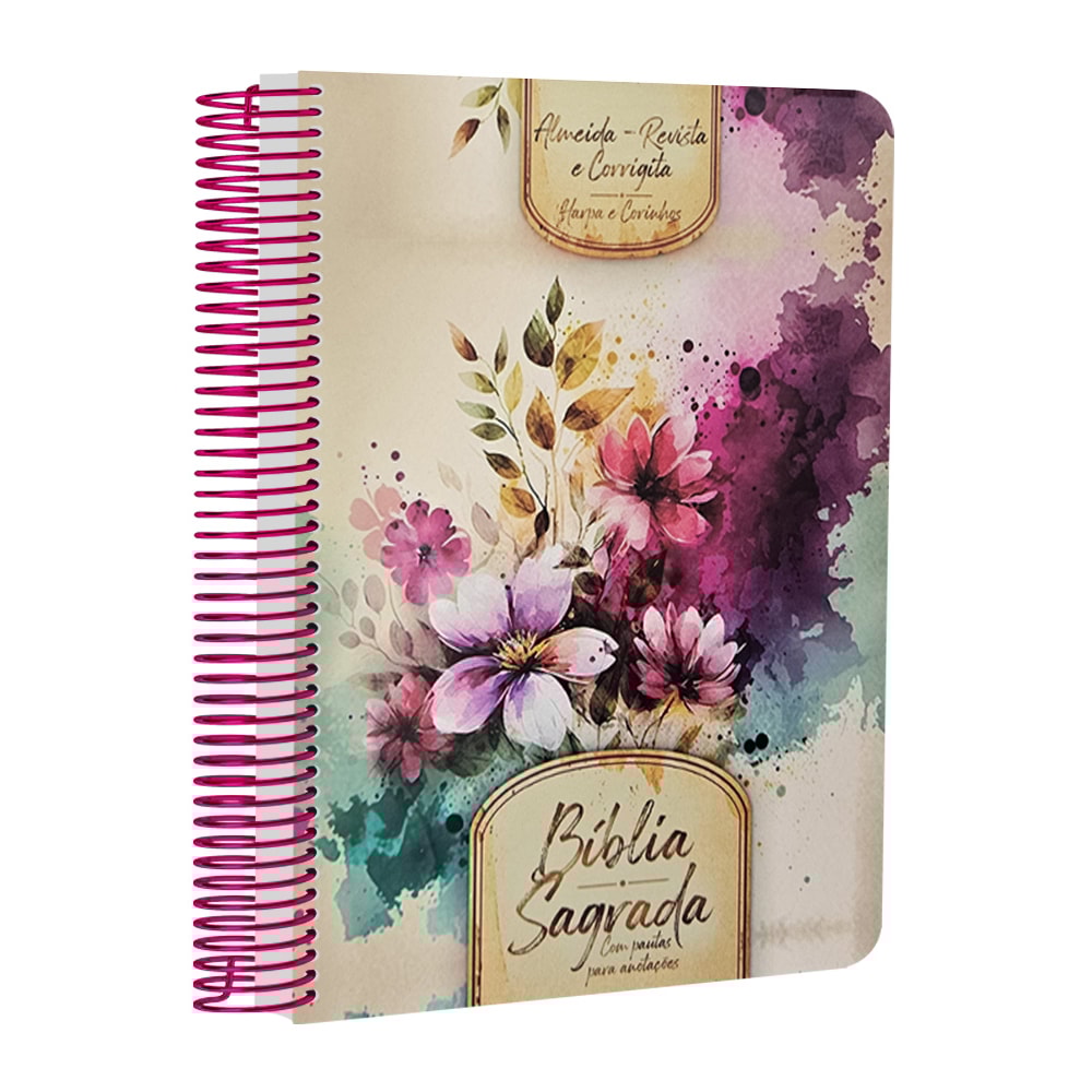 Bíblia com Pautas para Anotações | ARC | Harpa e Corinhos | Letra Normal | Capa Dura Espiral Flores e Follhas