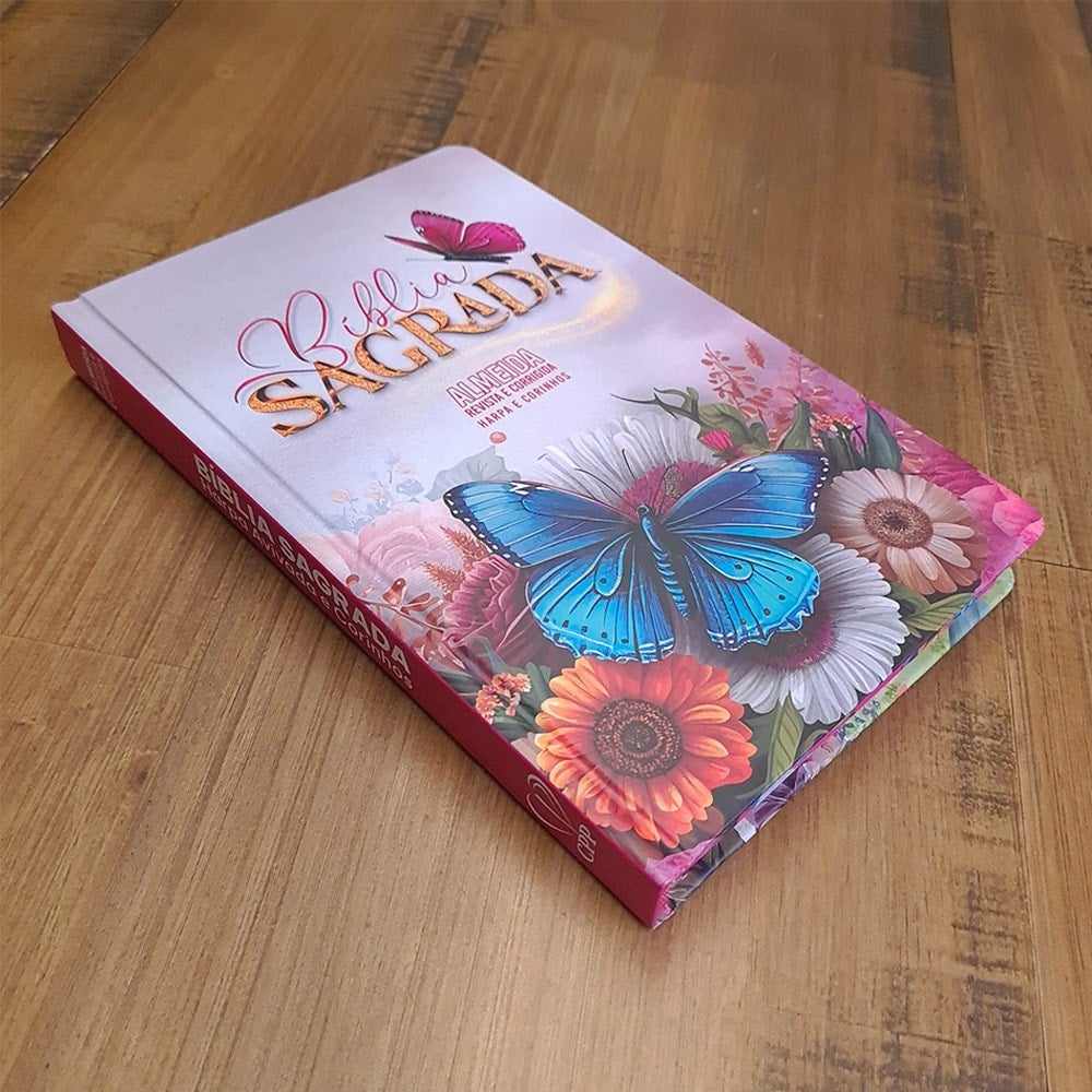 Bíblia Sagrada Slim | Harpa e Corinhos | ARC | Letra Normal | Capa Dura Flores e Borboletas