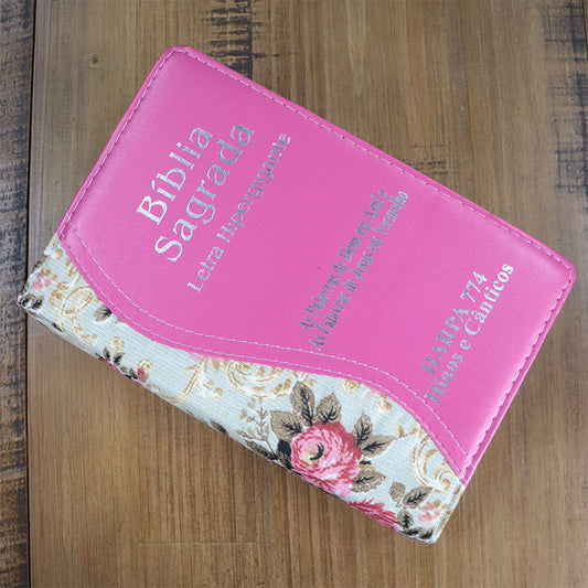 Bíblia Sagrada | ARC | Letra Hipergigante | Capa Luxo Floral Pink | Harpa 774