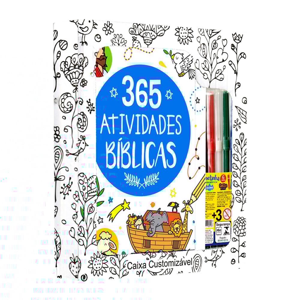 Conjunto 365 Atividades Bíblicas | Caixa Customizável | Com Canetinha Hidrográfica | 3 Anos