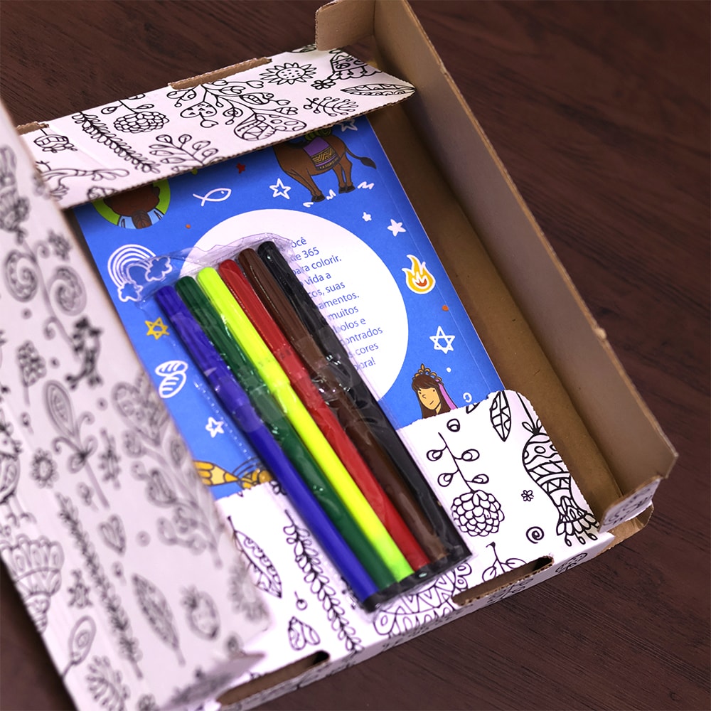 Conjunto 365 Desenhos Bíblicos | Caixa Customizável | Com Canetinha Hidrográfica | 3 Anos