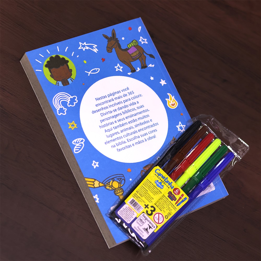 Conjunto 365 Desenhos Bíblicos | Caixa Customizável | Com Canetinha Hidrográfica | 3 Anos