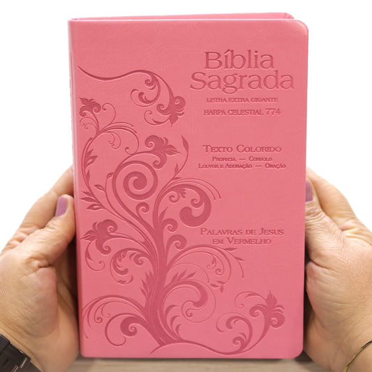 Bíblia Sagrada Harpa Celestial 774 | ERC | Letra Extra Gigante | Capa Rosa Arabesco