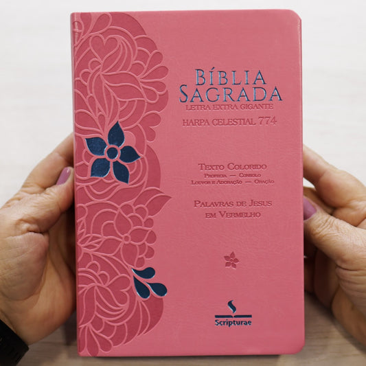 Bíblia Sagrada Harpa Celestial 774 | ERC | Letra Extra Gigante | Capa Rosa Flor Azul