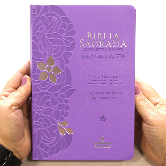 Bíblia Sagrada Harpa Celestial 774 | ERC | Letra Extra Gigante | Capa Lilás Flor Prata