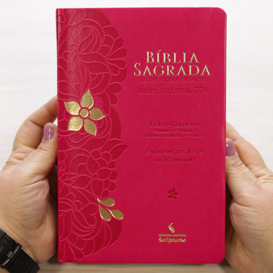 Bíblia Sagrada Harpa Celestial 774 | ERC | Letra Extra Gigante | Capa Pink Flor Amarela