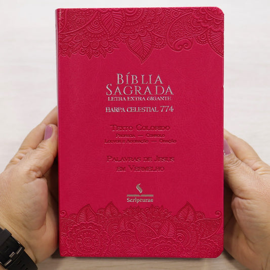 Bíblia Sagrada Harpa Celestial 774 | ERC | Letra Extra Gigante | Capa Pink Floral