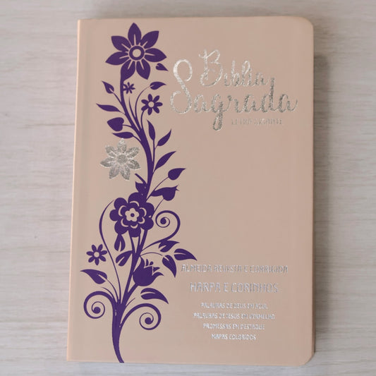 Bíblia Sagrada | Letra Gigante | ARC | Harpa Avivada e Corinhos | Capa PU Luxo Rosê e Lilás