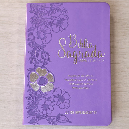 Bíblia Sagrada | Letra Hipergigante | ARC | Harpa Avivada e Corinhos | Capa PU Luxo Floral Dália Lilás