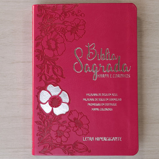 Bíblia Sagrada | Letra Hipergigante | ARC | Harpa Avivada e Corinhos | Capa PU Luxo Floral Dália Pink