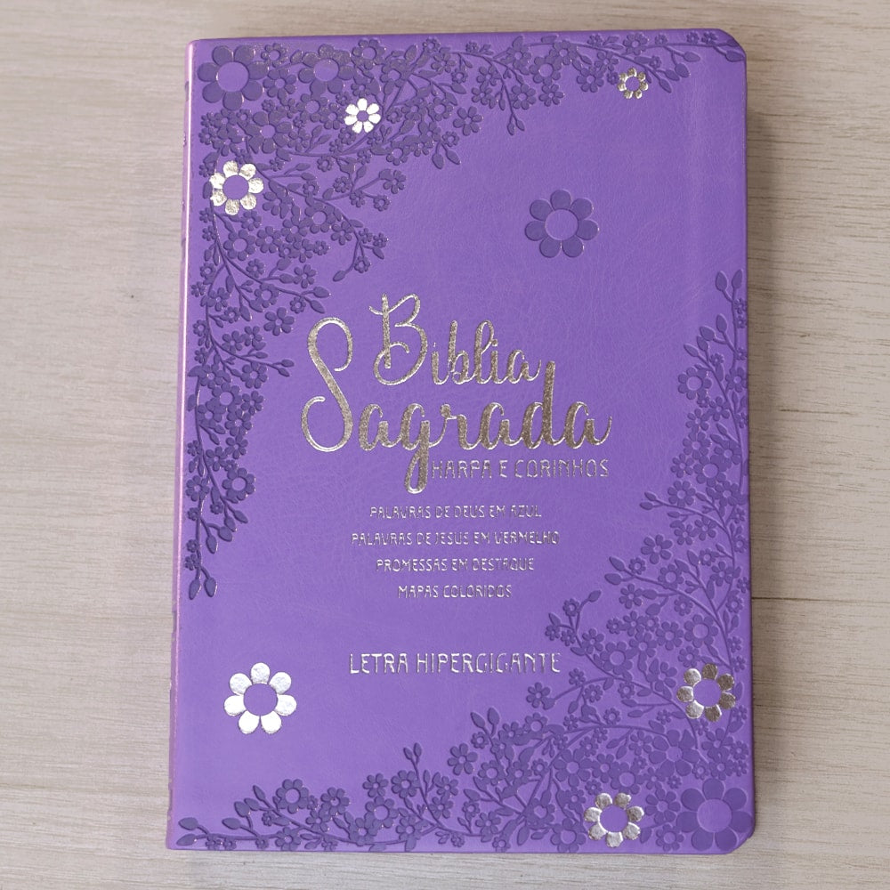 Bíblia Sagrada | Letra Hipergigante | ARC | Harpa Avivada e Corinhos | Capa PU Luxo Floral Margarida Lilás