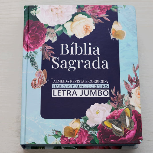 Bíblia Sagrada | ARC | Harpa Avivada e Corinhos | Jumbo | Capa Dura Azul com Flores