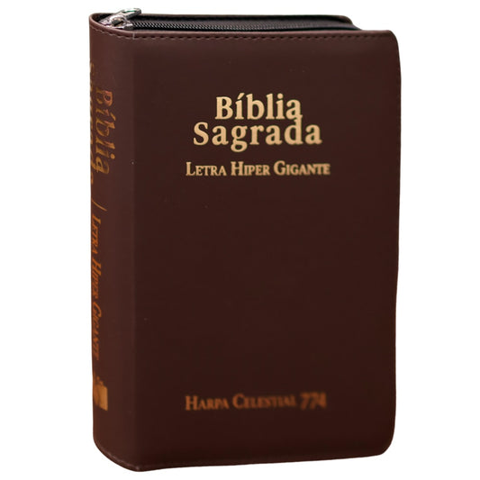 Bíblia Sagrada C/ Zíper | ARC | Letra Hipergigante | Capa Luxo Marrom | Harpa Celestial 774