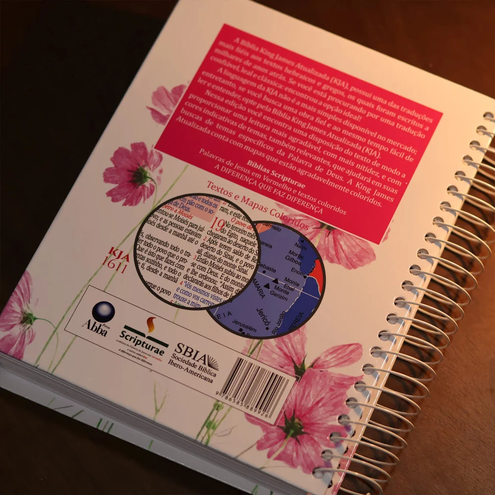 Bíblia King James 1611 Flor Cosmos | Textos e Mapas Coloridos | Espiral