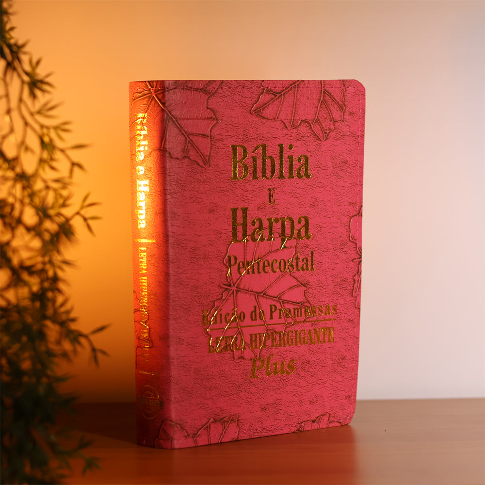 Bíblia e Harpa | ARC | Letra Hipergigante Plus | Edição de Promessas | Capa Folhas Pink | Com Índice