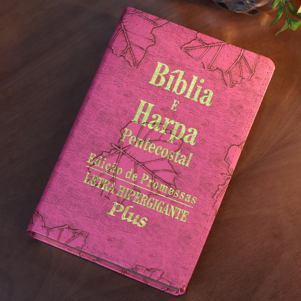 Bíblia e Harpa | ARC | Letra Hipergigante Plus | Edição de Promessas | Capa Folhas Pink | Com Índice