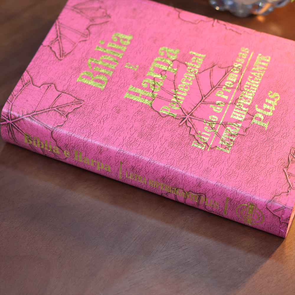 Bíblia e Harpa | ARC | Letra Hipergigante Plus | Edição de Promessas | Capa Folhas Pink | Com Índice