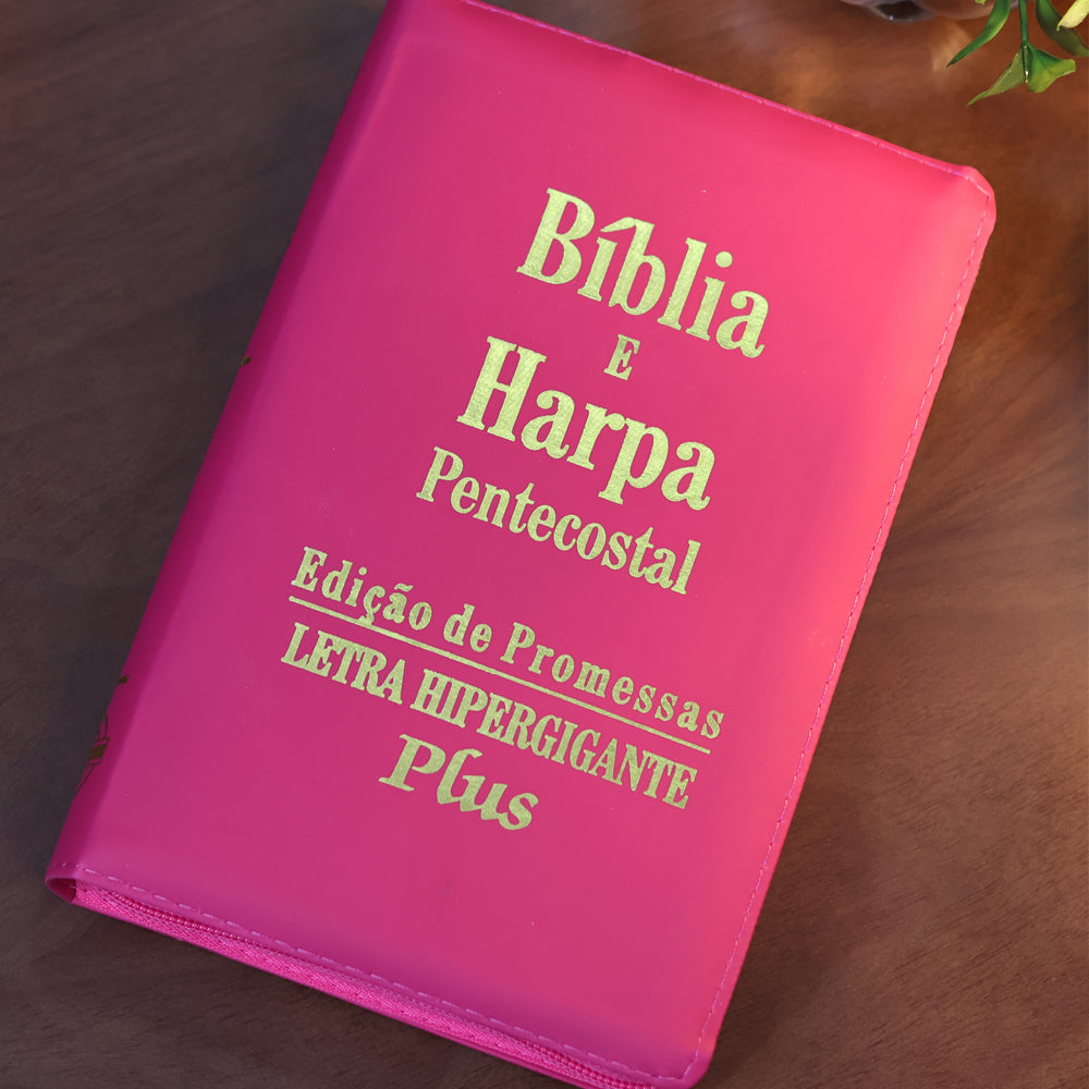 Bíblia e Harpa Pink  | ARC | Letra Hipergigante Plus | Edição de Promessas | Com Índice e Zíper