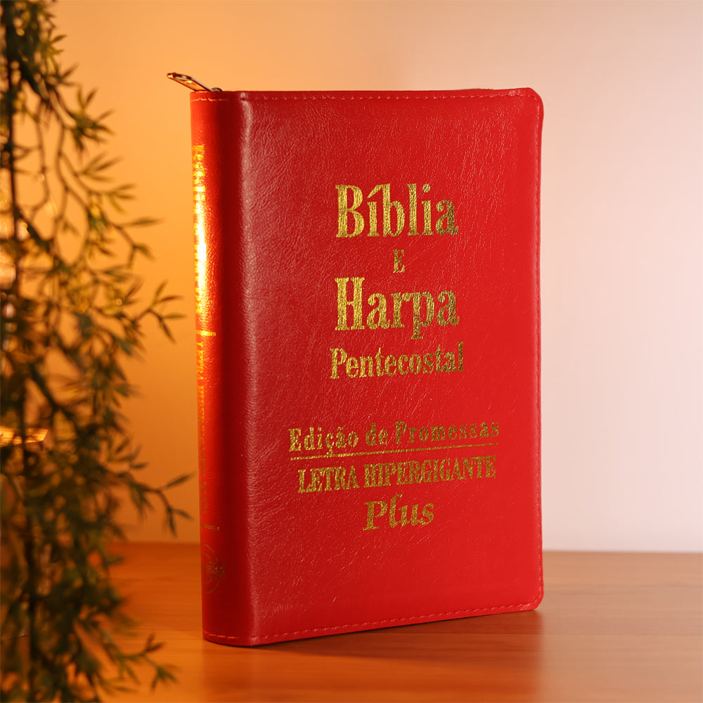 Bíblia e Harpa Vermelha  | ARC | Letra Hipergigante Plus | Edição de Promessas | Com Índice e Zíper