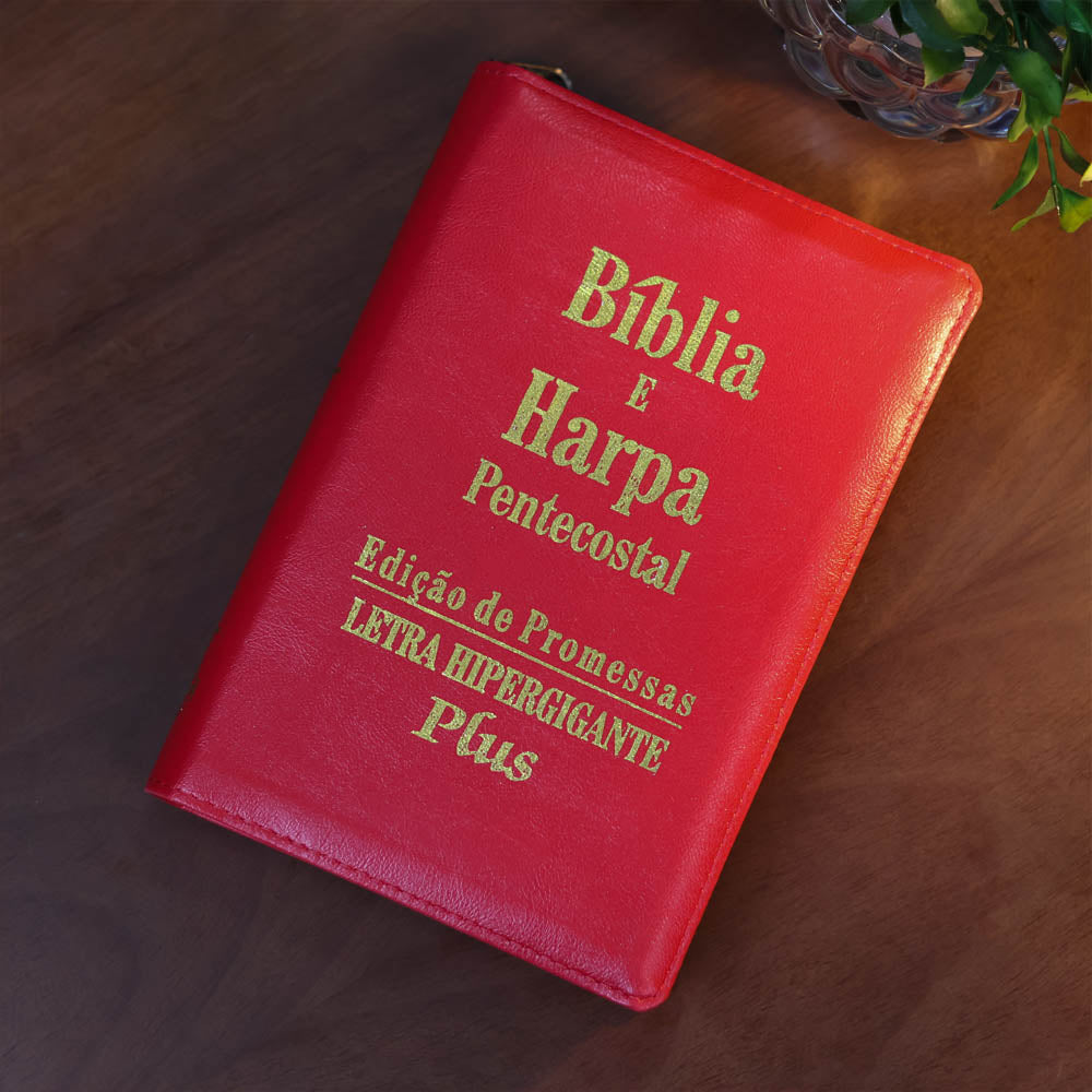Bíblia e Harpa Vermelha  | ARC | Letra Hipergigante Plus | Edição de Promessas | Com Índice e Zíper