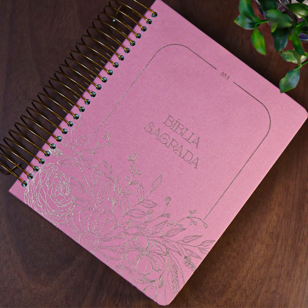 Bíblia Sagrada Espiral | NVI | Espaço Para Anotações | Capa Dura Rosa Floral