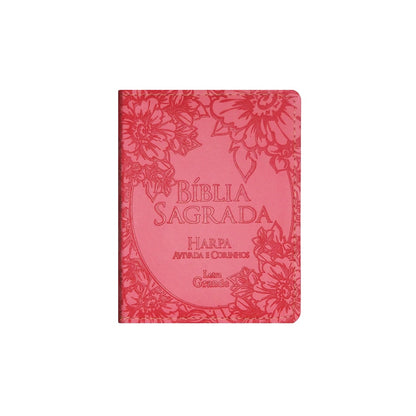 Bíblia Sagrada Média com Zíper | Letra Normal ARC | Harpa Avivada e Corinhos | PU Rosa