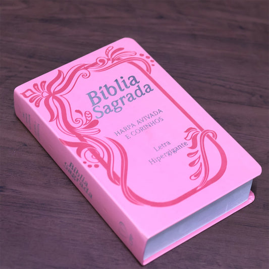 Bíblia Sagrada com Harpa Avivada e Corinhos | ARC | Letra Hipergigante | C/ Índice Capa PU Rosa