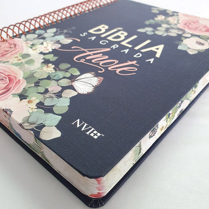 Bíblia Anote Espiral Flores Jeans | NVI | Letra Normal | Com Espaço Para Anotações