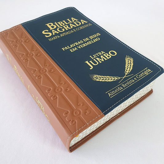 Bíblia Sagrada Harpa Avivada e Corinhos | ARC | Letra Jumbo | Índice | Bicolor Marrom e Azul