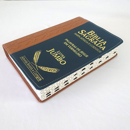 Bíblia Sagrada Harpa Avivada e Corinhos | ARC | Letra Jumbo | Índice | Bicolor Marrom e Azul