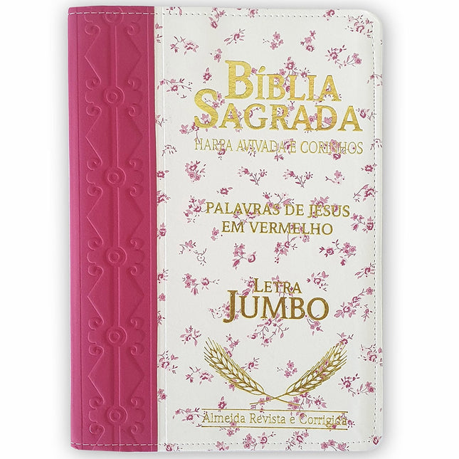 Bíblia Sagrada Harpa Avivada e Corinhos | ARC | Letra Jumbo | Índice | Bicolor Pink e Flores Rosa
