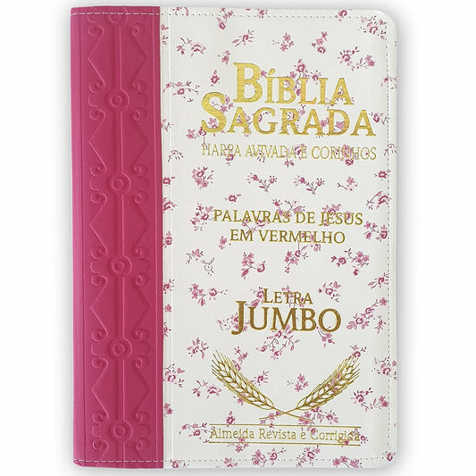 Bíblia Sagrada Harpa Avivada e Corinhos | ARC | Letra Jumbo | Índice | Bicolor Pink e Flores Rosa