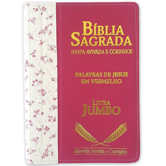 Bíblia Sagrada Harpa Avivada e Corinhos | ARC | Letra Jumbo | Índice | Bicolor Flores Rosa e Pink