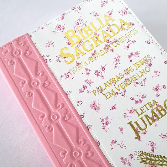 Bíblia Sagrada Harpa Avivada e Corinhos | ARC | Letra Jumbo | Índice | Bicolor Rosa e Flores Rosa