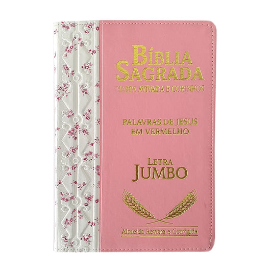 Bíblia Sagrada Harpa Avivada e Corinhos | ARC | Letra Jumbo | Índice | Bicolor Flores Rosa e Rosa