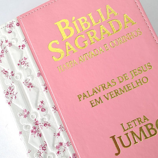 Bíblia Sagrada Harpa Avivada e Corinhos | ARC | Letra Jumbo | Índice | Bicolor Flores Rosa e Rosa
