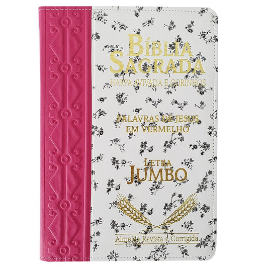Bíblia Sagrada Harpa Avivada e Corinhos | ARC | Letra Jumbo | Índice | Bicolor Pink e Flores Preta