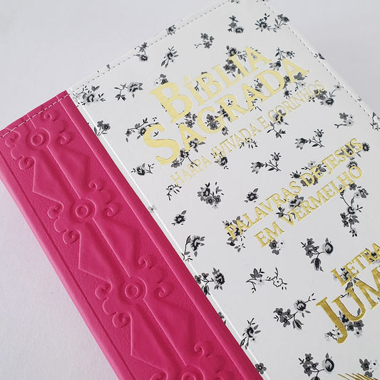 Bíblia Sagrada Harpa Avivada e Corinhos | ARC | Letra Jumbo | Índice | Bicolor Pink e Flores Preta