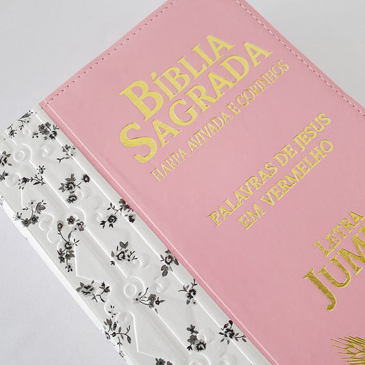 Bíblia Sagrada Harpa Avivada e Corinhos | ARC | Letra Jumbo | Índice | Bicolor Flores Preta e Rosa
