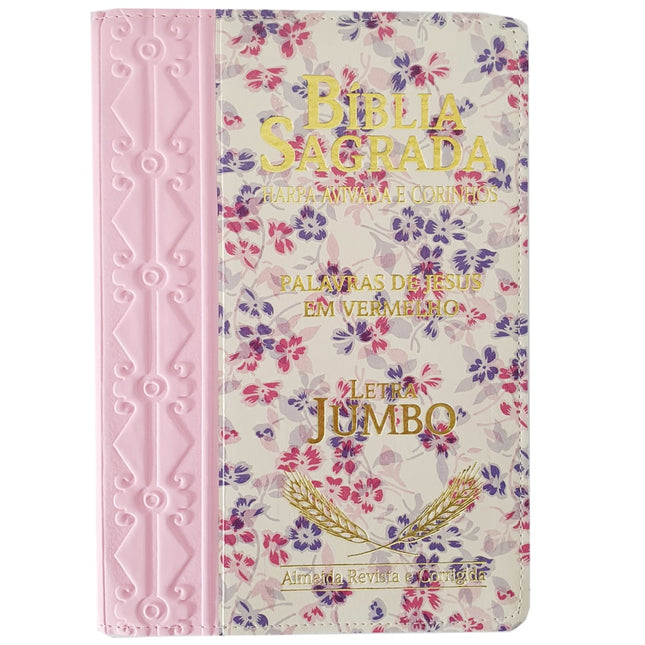 Bíblia Sagrada Harpa Avivada e Corinhos | ARC | Letra Jumbo | Índice | Bicolor Rosa e Floral