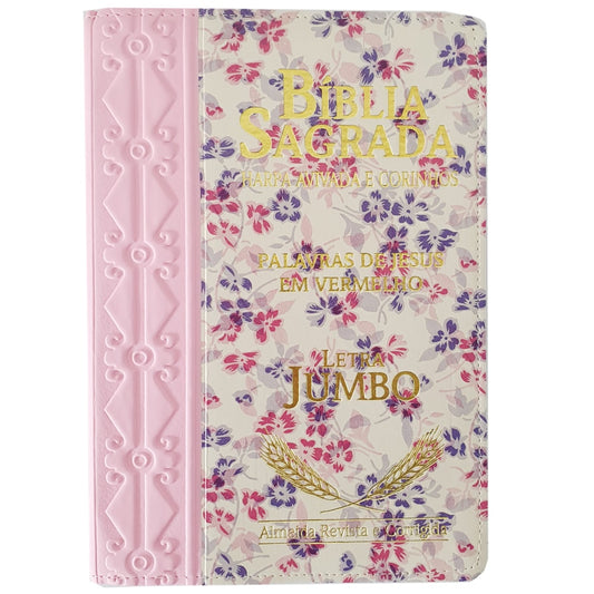 Bíblia Sagrada Harpa Avivada e Corinhos | ARC | Letra Jumbo | Índice | Bicolor Rosa e Floral