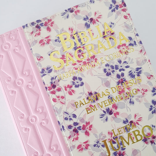 Bíblia Sagrada Harpa Avivada e Corinhos | ARC | Letra Jumbo | Índice | Bicolor Rosa e Floral