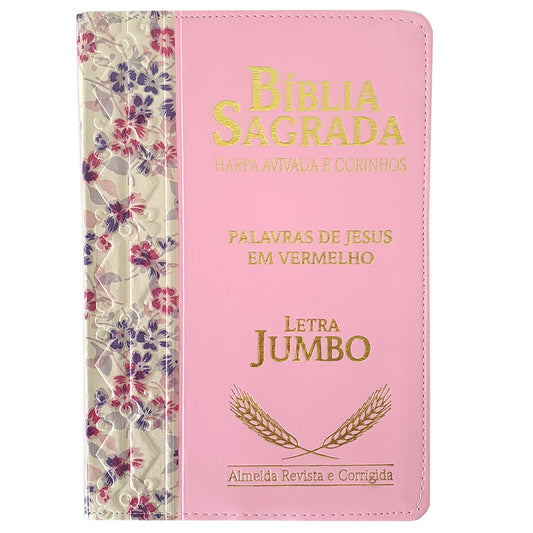 Bíblia Sagrada Harpa Avivada e Corinhos | ARC | Letra Jumbo | Índice | Bicolor Floral e Rosa